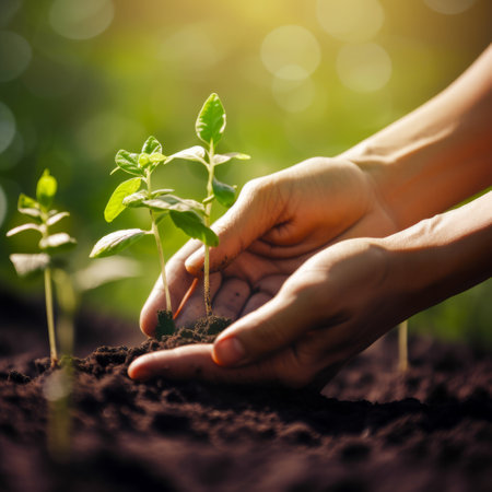 Person's hands holding plant in dirt with sunlight shining on them. Generative AI.の素材