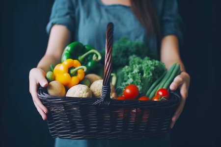 Woman holding basket full of fresh vegetables and vegetables in her hands. Generative AI.の素材