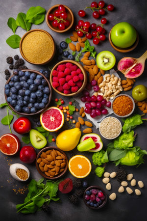 Variety of fruits, nuts, and vegetables are arranged in circle. Generative AI.の素材