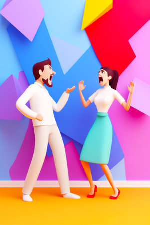 Man and woman standing next to each other in front of colorful background. Generative AI.の素材