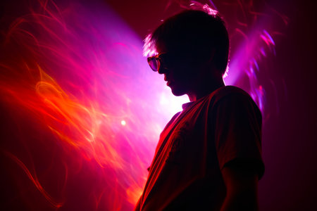 Man standing in front of purple and red light with cell phone in his hand. Generative AI.の素材