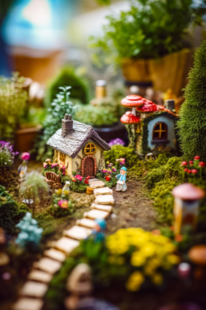 Miniature garden with little house and lot of plants and flowers. Generative AI.の素材