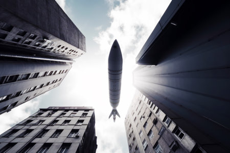 Rocket is flying through the air between two tall buildings in the city. Generative AI.の素材