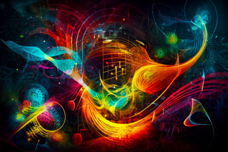 Colorful abstract background with lots of lines and swirls on black background. Generative AI.の素材
