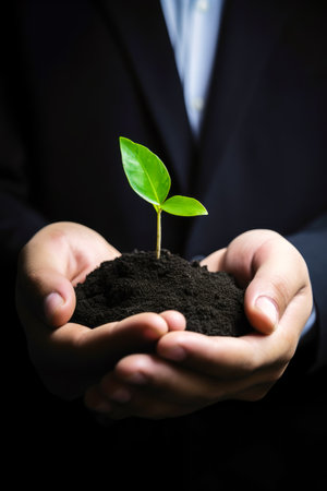 Person in suit holding small green plant in their hands with dirt in front of them. Generative AI.の素材