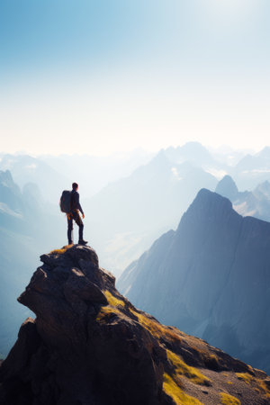Man standing on top of mountain with backpack on his back. Generative AI.の素材