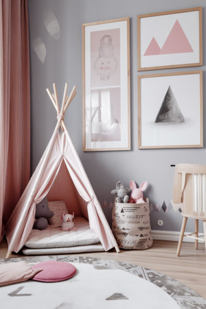 Child's room with teepee tent, toys and pictures on the wall. Generative AI.の素材