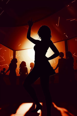 Silhouette of a woman dancing in front of a group of other people. Generative AI.の素材