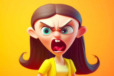 Cartoon girl with surprised look on her face and long black hair. Generative AI.の素材