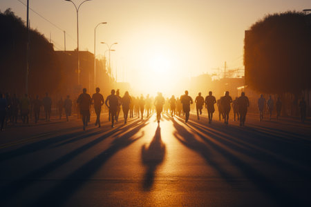 Group of people walking down street with the sun setting in the background. Generative AI.の素材