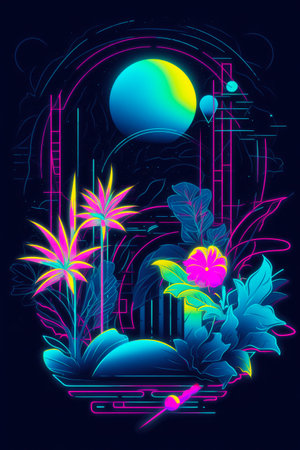 Digital painting of flowers and plants in the night sky with planet in the background. Generative AI.の素材
