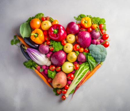 Heart - shaped arrangement of fresh fruits and vegetables arranged in the shape of heart. Generative AI.の素材