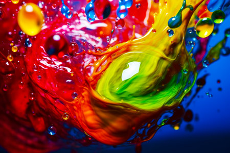 Close up of multicolored liquid with drops of water on it. Generative AI.の素材