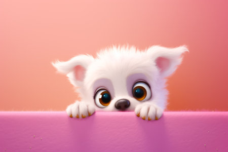 Small white dog with big eyes peeking over the edge of pink surface. Generative AI.の素材