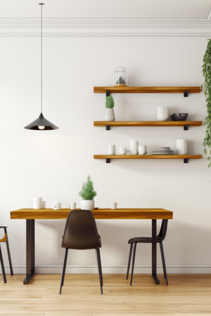 Table with two chairs and shelf with potted plant on it. Generative AI.の素材