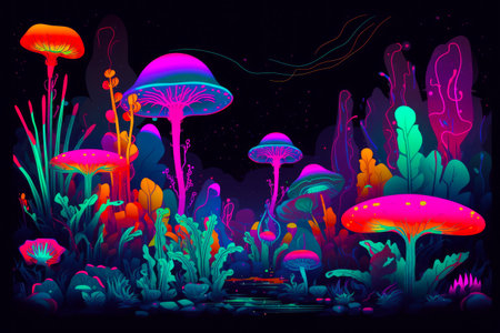 Image of many different types of mushrooms in dark forest with bright colors. Generative AI.の素材