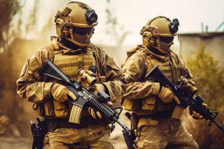 Group of soldiers with guns in their hands and wearing helmets and goggles. Generative AI.の素材