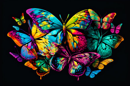 Group of colorful butterflies on black background with the colors of the rainbow. Generative AI.の素材