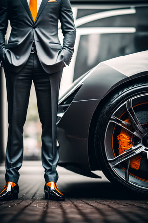 Man in suit and orange shoes standing next to black sports car. Generative AI.の素材