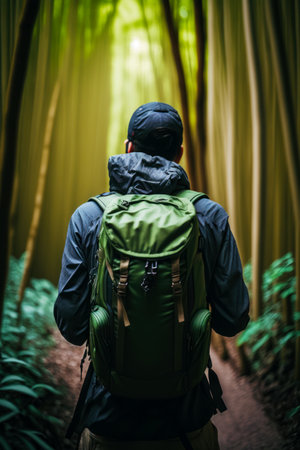 Man with green backpack is walking through forest of tall trees. Generative AI.の素材