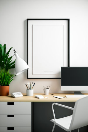 Desk with computer monitor, keyboard, and potted plant. Generative AI.の素材
