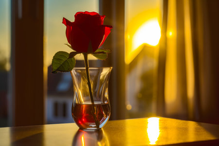 Single red rose in vase of water with the sun in the background. Generative AI.の素材