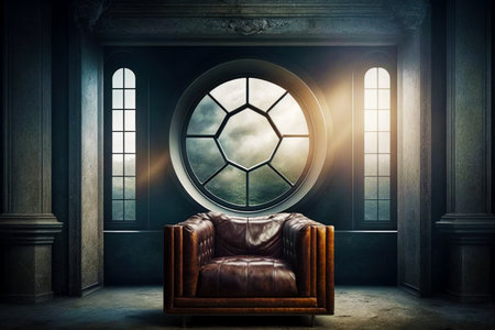 Leather chair sitting in front of round window in dark room. Generative AI.の素材
