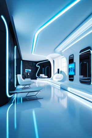 Futuristic living room with white furniture and blue light on the ceiling. Generative AI.の素材