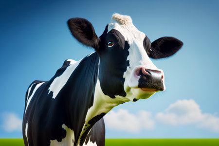 Close up of black and white cow with blue sky in the background. Generative AI.の素材