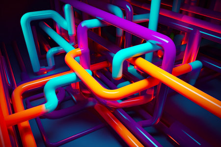 Group of colorful pipes connected to each other in room with blue and pink walls. Generative AI.の素材