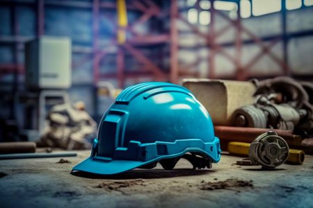 Blue hard hat sitting on top of hard floor next to other construction equipment. Generative AI.の素材