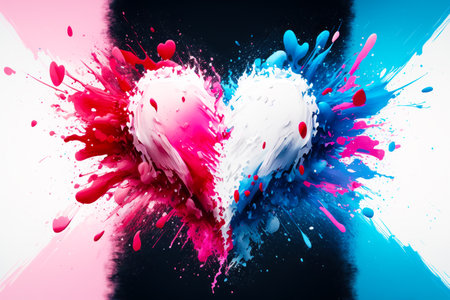 Heart shaped piece of paint splattered on pink and blue background. Generative AI.の素材