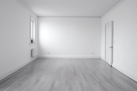 Empty room with white wall and door in the middle of the room. Generative AI.の素材