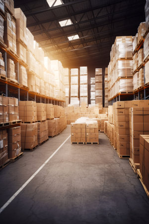 Warehouse filled with lots of boxes and boxes stacked on top of each other. Generative AI.の素材