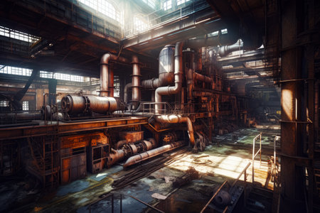 Image of large industrial building with pipes and pipes on the floor. Generative AI.の素材