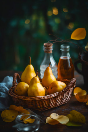 Wicker basket filled with pears next to bottle of honey. Generative AI.の素材