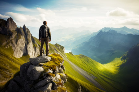 Man standing on top of lush green hillside next to mountain. Generative AI.の素材