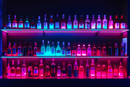 Shelf filled with lots of bottles of different types of alcohol in different colors. Generative AI.の素材
