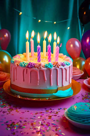 Birthday cake with lit candles on table surrounded by balloons and streamers. Generative AI.の素材