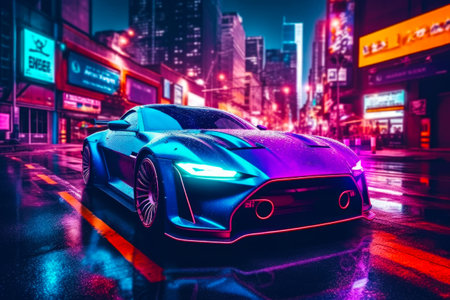 Futuristic car in the middle of the city at night with neon lights. Generative AI.の素材