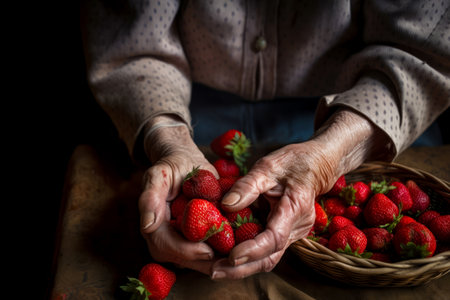 Person holding basket of strawberries on top of wooden table. Generative AI.の素材