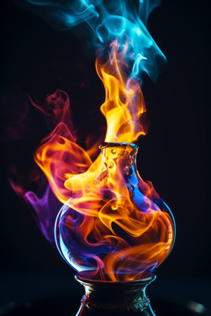 Glass flask filled with liquid and colorful flames on black background. Generative AI.の素材