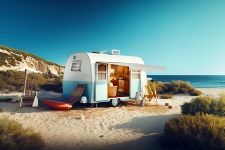 Blue and white trailer parked on beach next to body of water. Generative AI.の素材