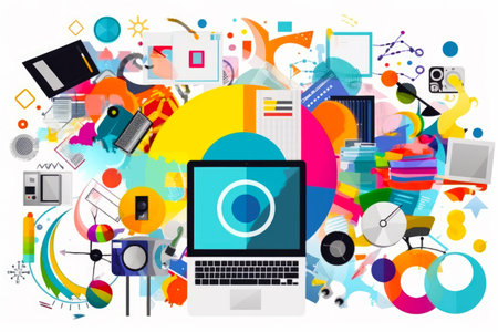 Image of computer screen surrounded by many different colored circles and shapes. Generative AI.の素材