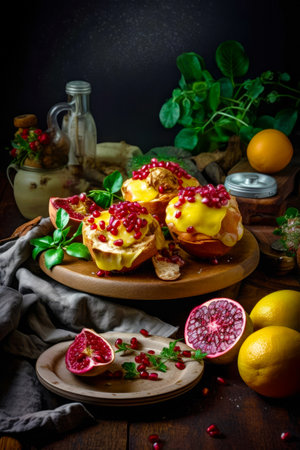 Table topped with pomegranate covered muffins on top of wooden plate. Generative AI.の素材