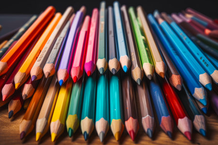 Group of colored pencils sitting on top of wooden table next to each other. Generative AI.の素材
