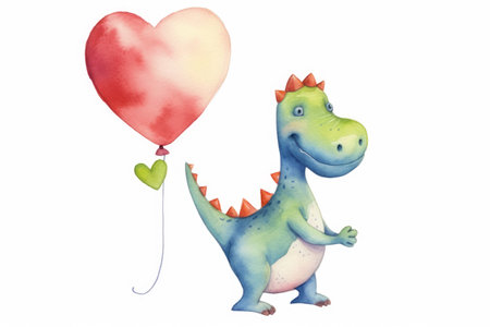 Watercolor painting of dinosaur holding heart shaped balloon with heart shaped balloon attached to it. Generative AI.の素材