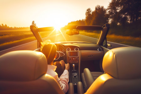 Person driving car with the sun setting in the back of the car. Generative AI.の素材