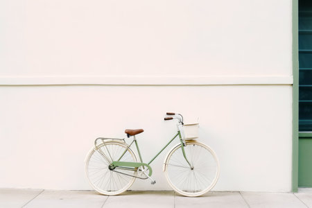 Green bike parked against white wall with basket on the front. Generative AI.の素材