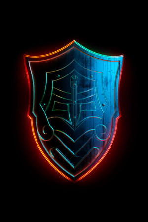 Blue and red neon sign with hand holding shield on black background. Generative AI.の素材
